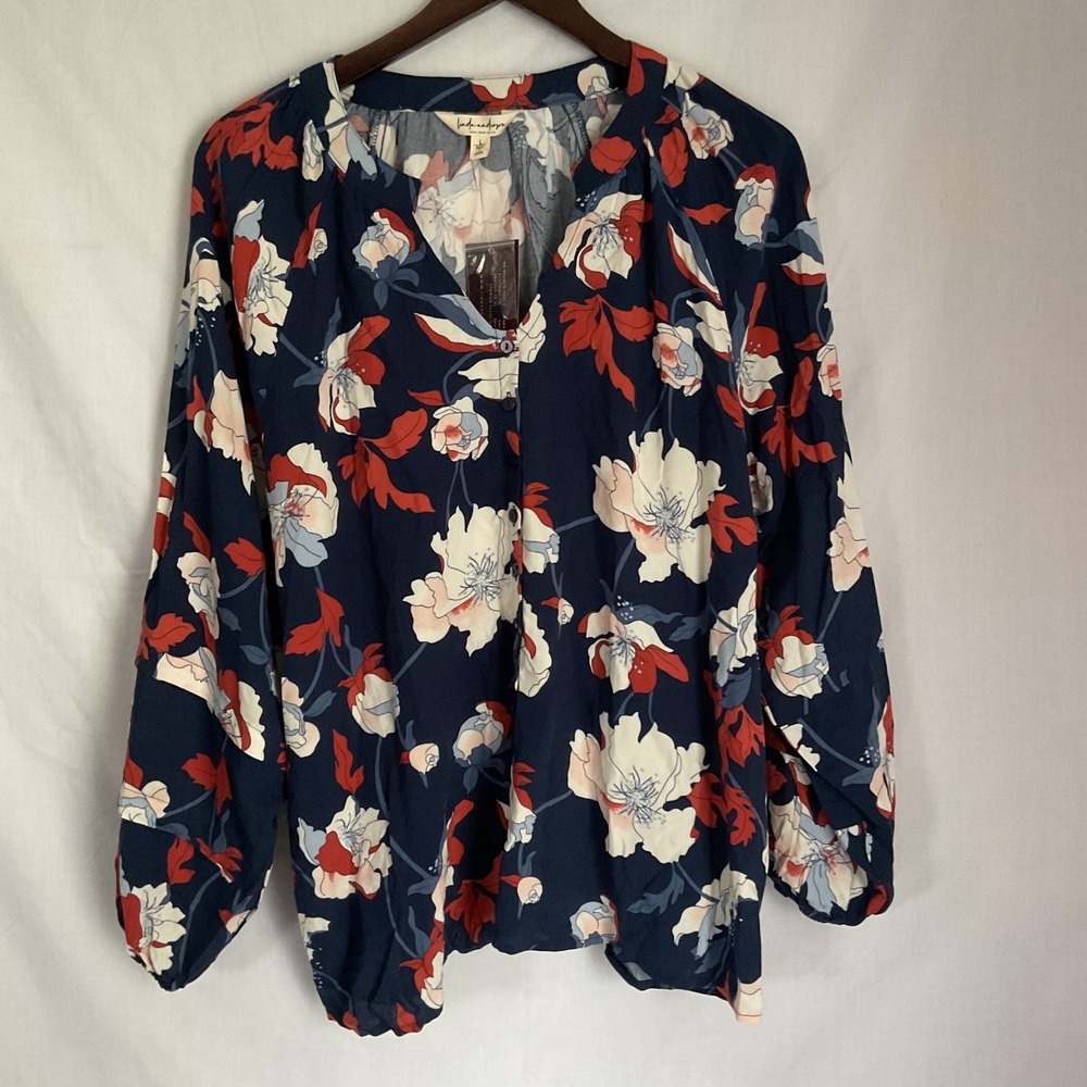Linda Anderson Floral Blouse V-Neck Long Sleeve Casual Top Size L